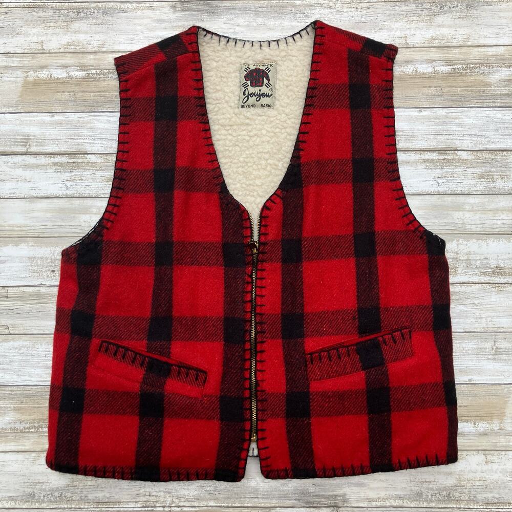 Authentic Joujou Vest Sz M Red Wool Plaid Shearling Zip Up‎ Lined Grandpacore